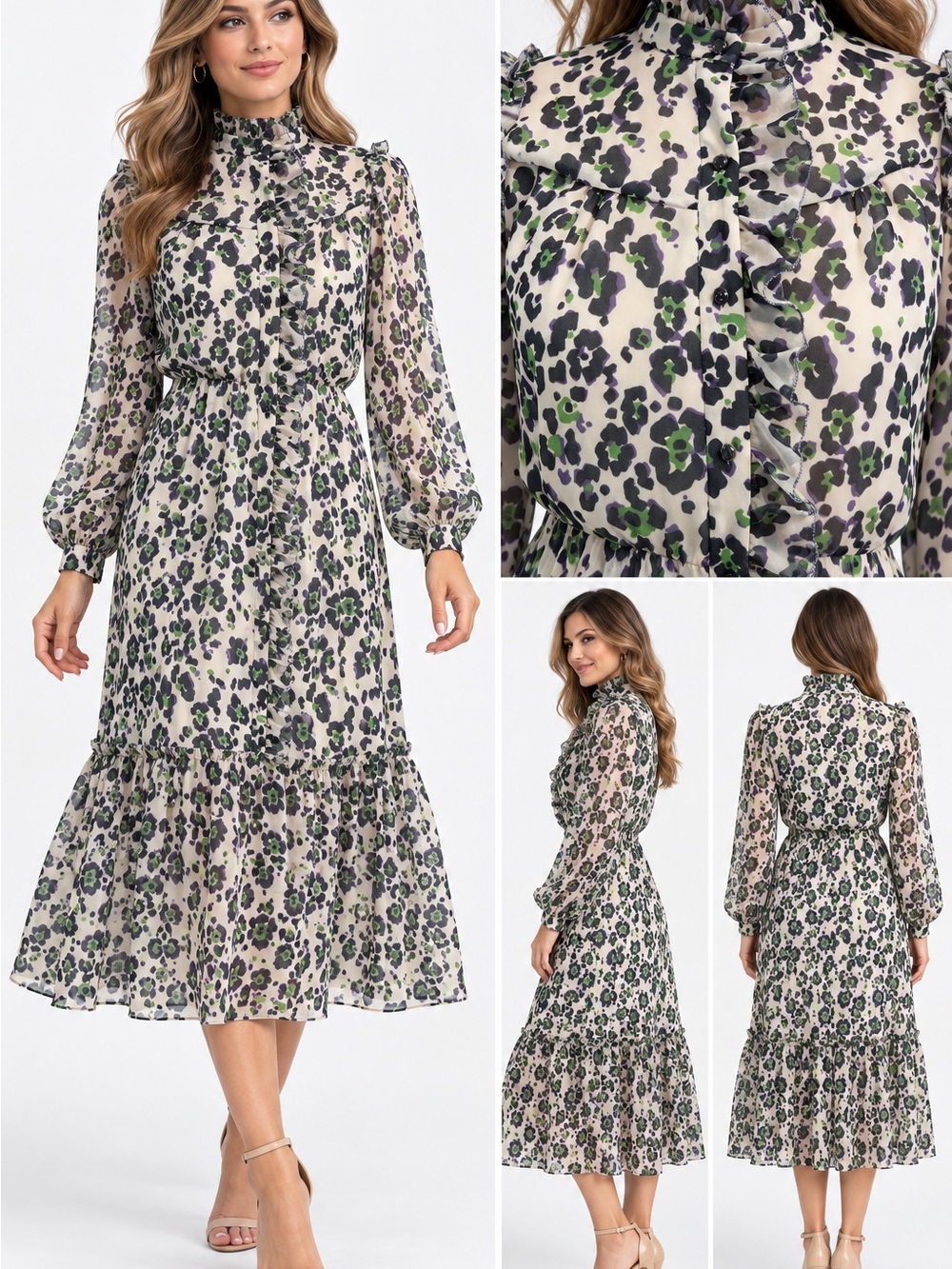 High-Neck Ruffle Floral Midi Dress in Cream, Green & Black